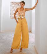 Marigold yellow tussar silk sheesha koti & loose pant set.