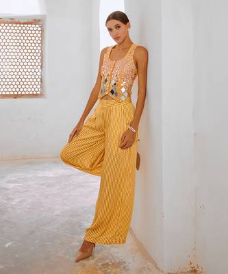 Marigold yellow tussar silk sheesha koti & loose pant set. 2