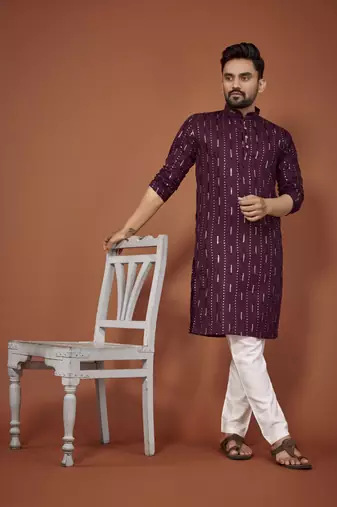 Purple embroidered cotton straight kurta