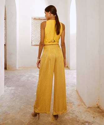 Marigold yellow tussar silk sheesha koti & loose pant set. 4