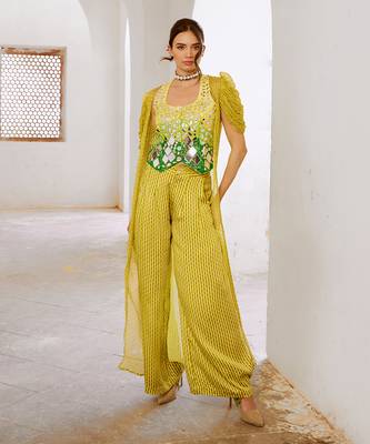 Lemon  green tussar silk sheesha koti with chiffon jacket and loose pant set. 1