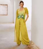 Lemon  green tussar silk sheesha koti with chiffon jacket and loose pant set.