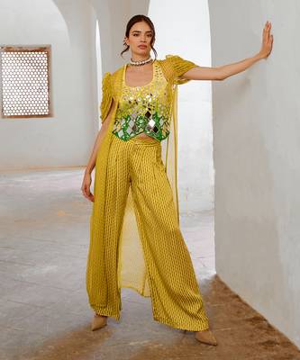 Lemon  green tussar silk sheesha koti with chiffon jacket and loose pant set. 2