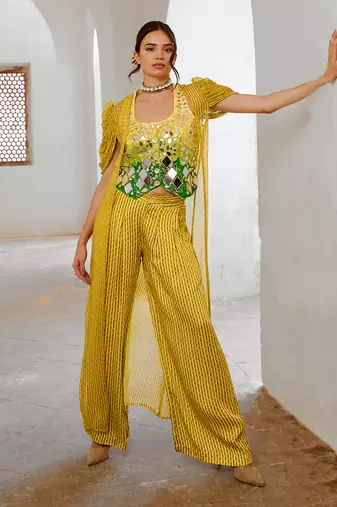 Lemon  green tussar silk sheesha koti with chiffon jacket and loose pant set.