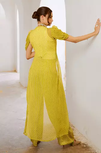 Lemon  green tussar silk sheesha koti with chiffon jacket and loose pant set.