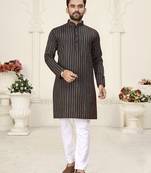 Black jacquard linen cotton straight kurta