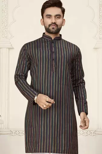 Black jacquard linen cotton straight kurta