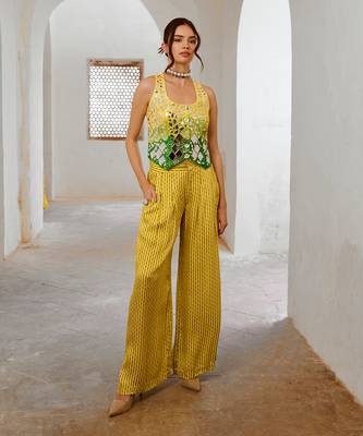 Lemon  green tussar silk sheesha koti  & loose pant set 1