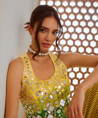 Lemon  green tussar silk sheesha koti  & loose pant set 2