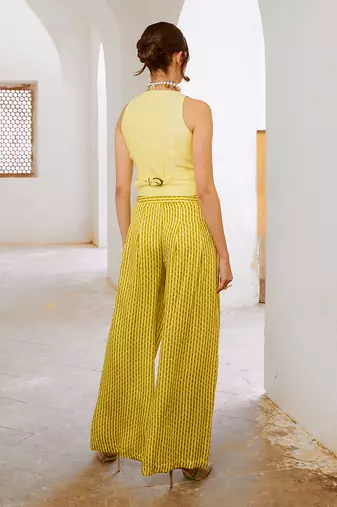 Lemon  green tussar silk sheesha koti  & loose pant set