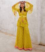 Lemon  green chiffon guldasta tunic with jugnu sharara and belt set