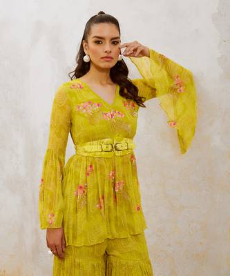 Lemon  green chiffon guldasta tunic with jugnu sharara and belt set 2