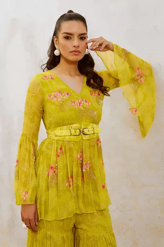 Lemon  green chiffon guldasta tunic with jugnu sharara and belt set