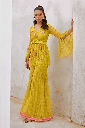 Lemon  green chiffon guldasta tunic with jugnu sharara and belt set