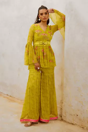 Lemon  green chiffon guldasta tunic with jugnu sharara and belt set