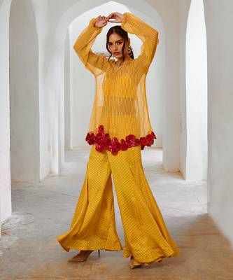 Marigold yellow chiffon gulaab tunic set with  bell bottoms and inner 1