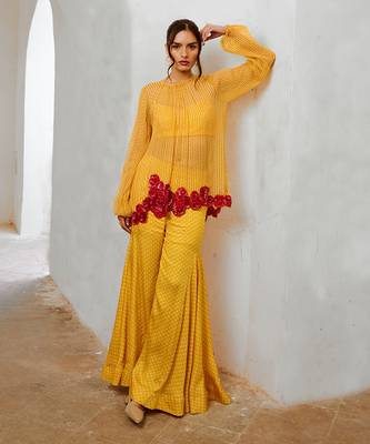 Marigold yellow chiffon gulaab tunic set with  bell bottoms and inner 2