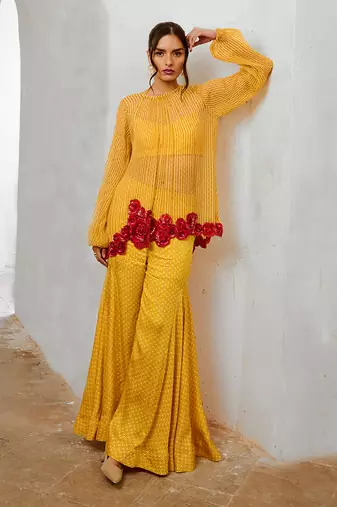 Marigold yellow chiffon gulaab tunic set with  bell bottoms and inner