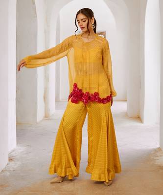 Marigold yellow chiffon gulaab tunic set with  bell bottoms and inner 3