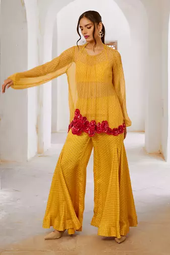 Marigold yellow chiffon gulaab tunic set with  bell bottoms and inner