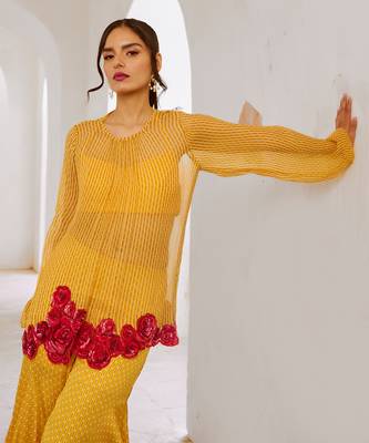 Marigold yellow chiffon gulaab tunic set with  bell bottoms and inner 4