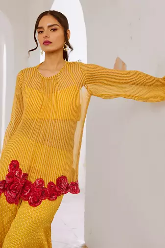 Marigold yellow chiffon gulaab tunic set with  bell bottoms and inner