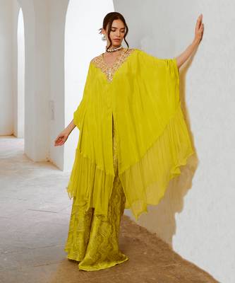 Lemon green chiffon frill  kaftaan with widelegged palazzo. 1