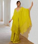 Lemon green chiffon frill  kaftaan with widelegged palazzo.