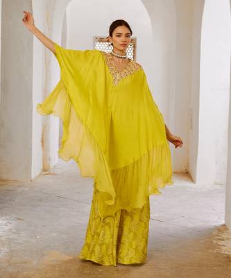 Lemon green chiffon frill  kaftaan with widelegged palazzo. 2