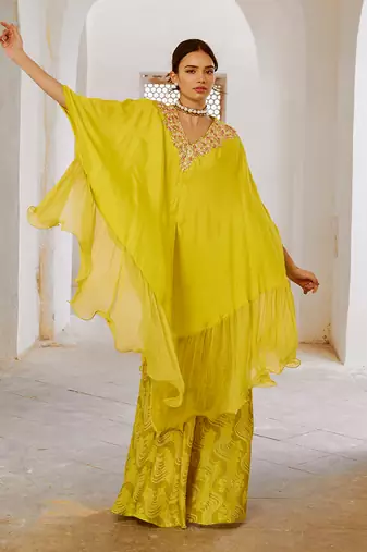 Lemon green chiffon frill  kaftaan with widelegged palazzo.