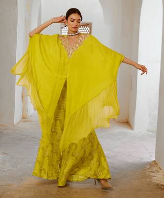 Lemon green chiffon frill  kaftaan with widelegged palazzo. 3