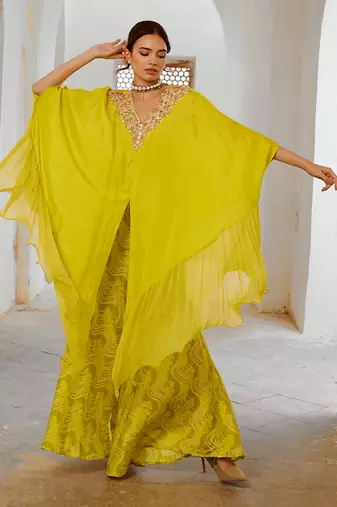 Lemon green chiffon frill  kaftaan with widelegged palazzo.