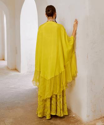Lemon green chiffon frill  kaftaan with widelegged palazzo. 4