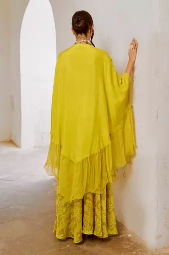 Lemon green chiffon frill  kaftaan with widelegged palazzo.