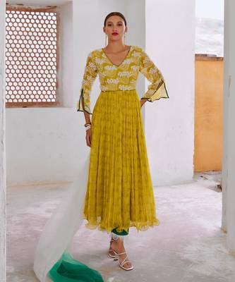 Lemon green chiffon bahaar anarkali set 1
