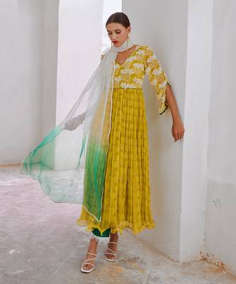 Lemon green chiffon bahaar anarkali set 2