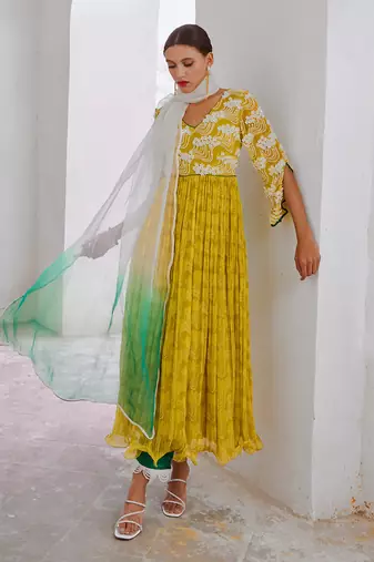 Lemon green chiffon bahaar anarkali set