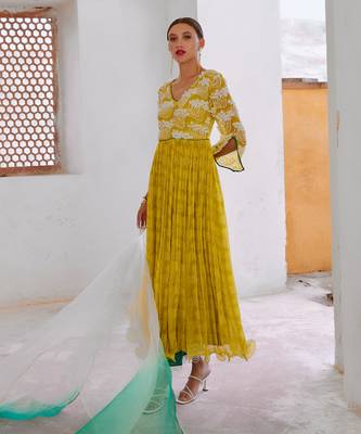 Lemon green chiffon bahaar anarkali set 3