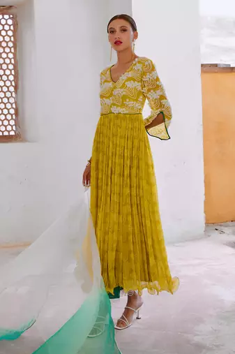 Lemon green chiffon bahaar anarkali set