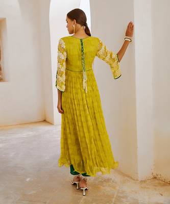Lemon green chiffon bahaar anarkali set 4
