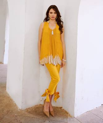 Marigold yellow chiffon cutdana tunic with bow pant set 1