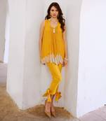 Marigold yellow chiffon cutdana tunic with bow pant set