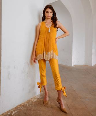 Marigold yellow chiffon cutdana tunic with bow pant set 3