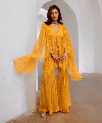 Marigold yellow chiffon jugnu winged tunic & sharara set 1