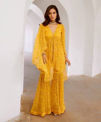 Marigold yellow chiffon jugnu winged tunic & sharara set 2