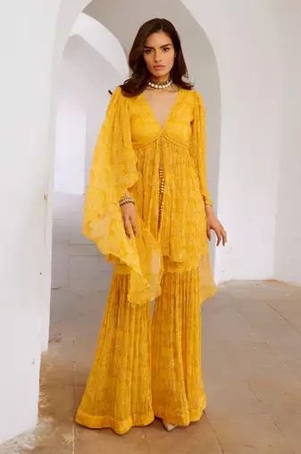 Marigold yellow chiffon jugnu winged tunic & sharara set
