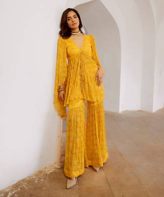 Marigold yellow chiffon jugnu winged tunic & sharara set 3