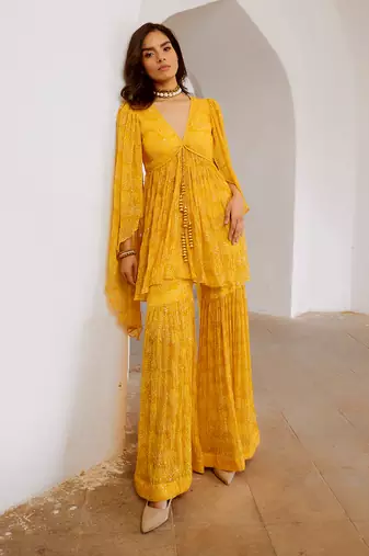 Marigold yellow chiffon jugnu winged tunic & sharara set