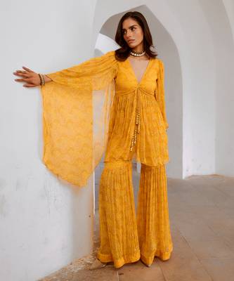 Marigold yellow chiffon jugnu winged tunic & sharara set 4