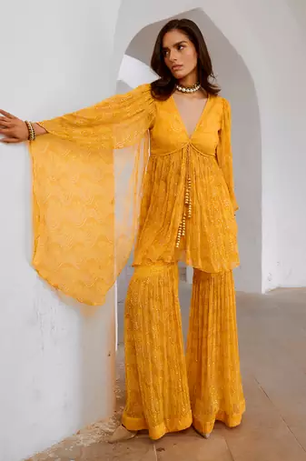 Marigold yellow chiffon jugnu winged tunic & sharara set